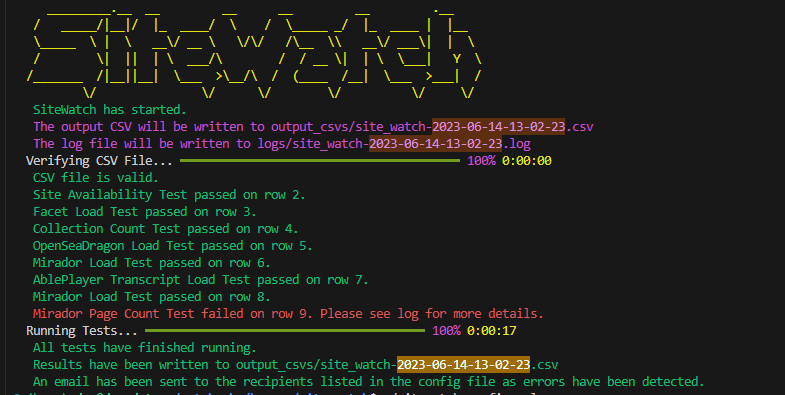 SiteWatch console output